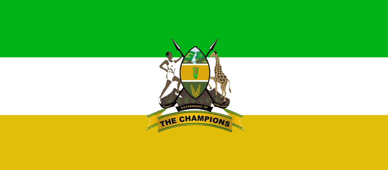 Current flag of Uasin Gishu County — green, white, gold bands with the county coat of arms