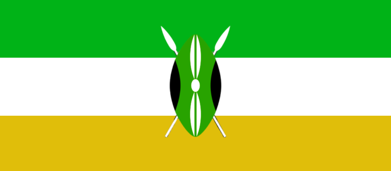 Proposed new flag of Uasin Gishu County — green, white, gold bands with a shield and spears